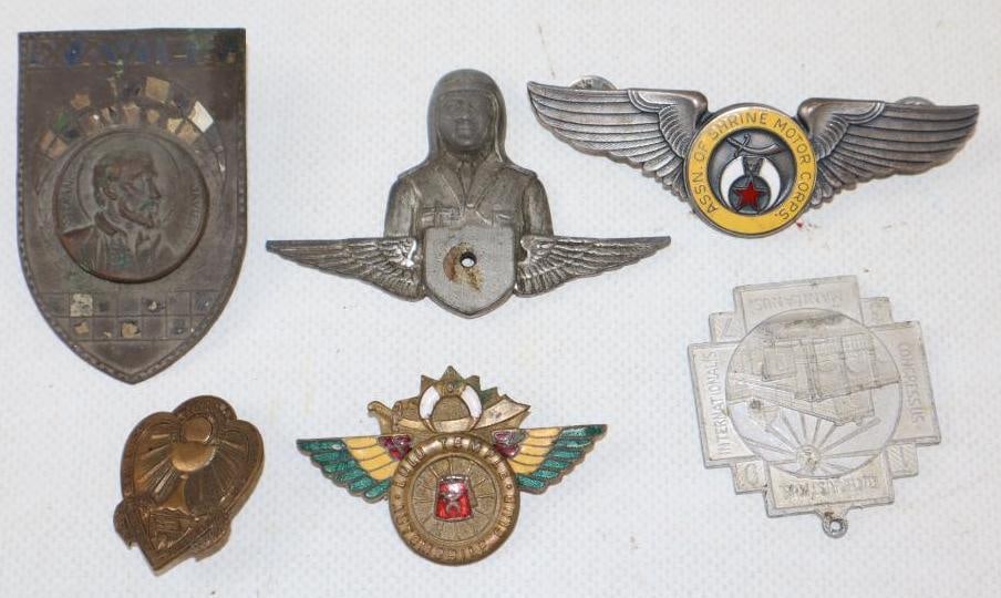 Group of 6 Association of Shrine Motor Corps Pins and Hat Badge: largest 1.5" x 2.25"