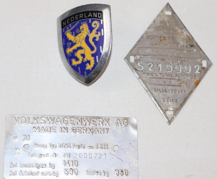 Group of 3 Volkswagen, Renault, and Nederland Automotive Related Badge and Data Tags: largest 3.5" x 1.75"