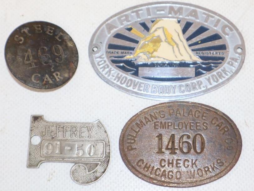 Group of 4 Pullman's, Steel Car, and Jeffrey Identification Tags: largest 3" x 2"