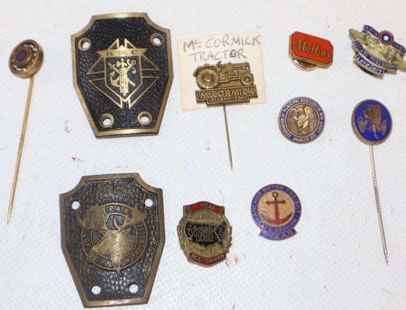 Group of 10 Advertising Stick Pins, Pin Back Badges, and Brass Moto Meter Parts: largest 1.5" x 1.75"