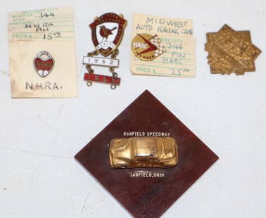 Group of 5 Racing Related Pin Back Badges and Paperweight: largest 2.25" x 2.25"