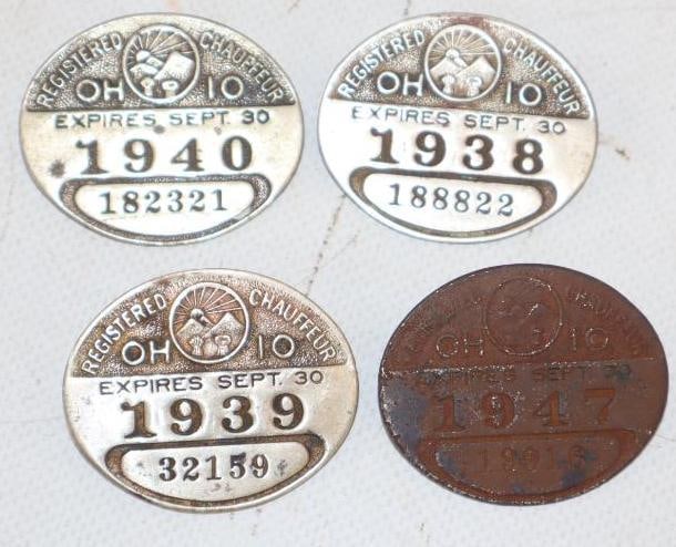 Group of 4 1930's & 1940's Ohio Licensed Chauffeur Pin Back Badges (1 of 2)