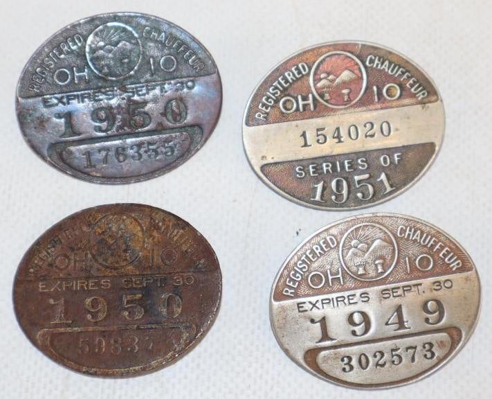 Group of 4 1940's & 1950's Ohio Licensed Chauffeur Pin Back Badges (1 of 2)