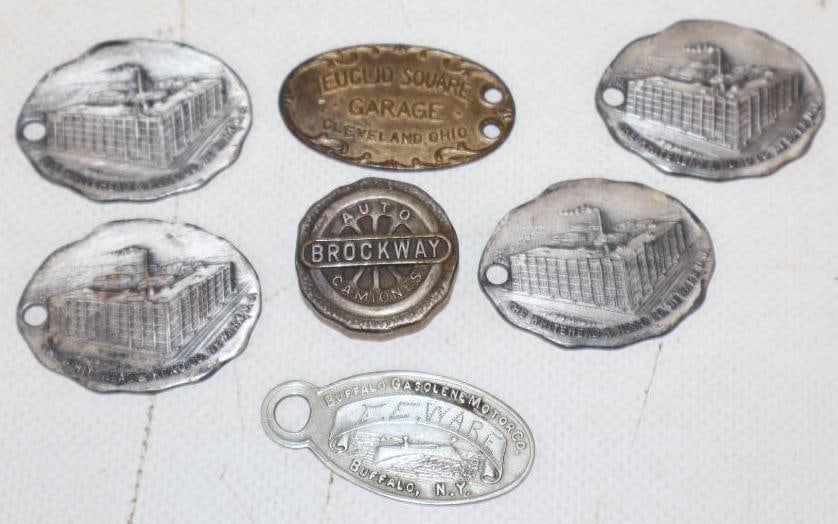 Group of 7 White Head, Buffalo Gasoline, Euclid Square Garage, and Brockway Auto Keychain Tags and: largest 1.5" x 1"