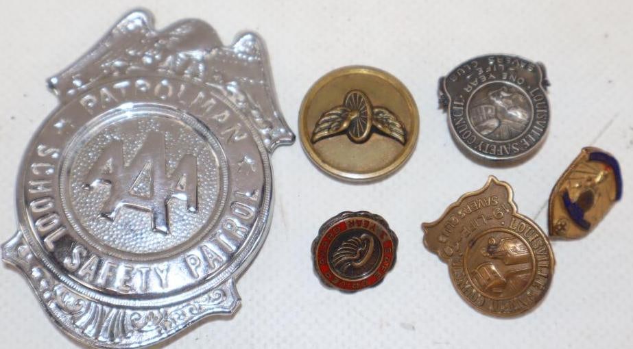 Group of 6 AAA and Safety Club Buttons, Pins, and Badges: largest 2.75" x 2"