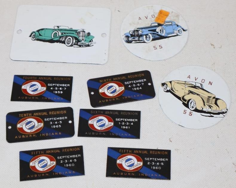 Group of 9 Auburn, Cord, Duesenberg Porcelain Meet Tags and Avon Signs (1 of 4)