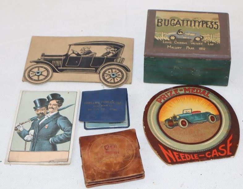 Group of 6 Pontiac and Bugatti Advertising Needle Cases, and Sewing Related Items: largest 4" x 3.5" x 2"