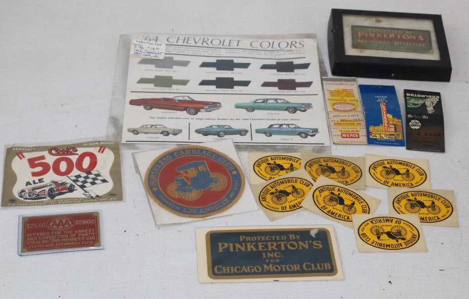 Group of 16 Matchbooks, Car Club Stickers, and Color Sample Sheet: largest 8.5" x 7"