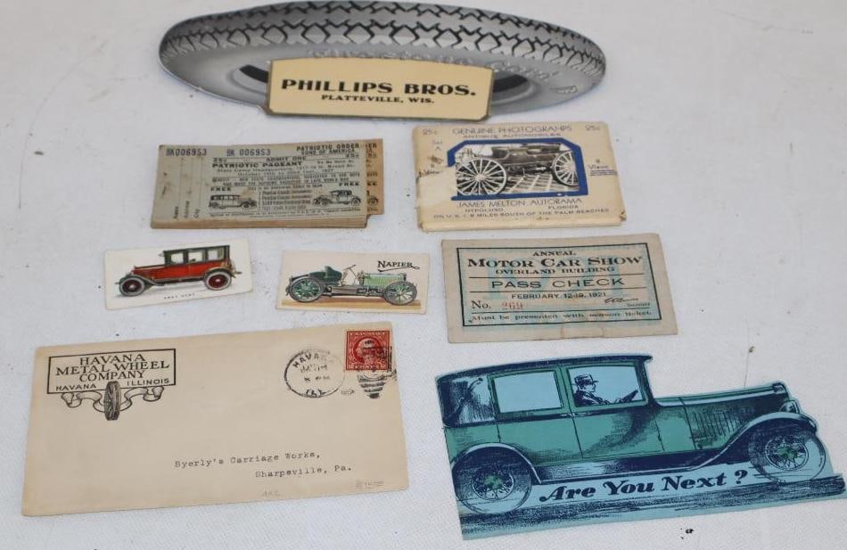 Group of 8 Early Automobile Advertising Ink Blotters, Photos, Envelopes, and Ticket Stubs: largest 9" x 3.75"