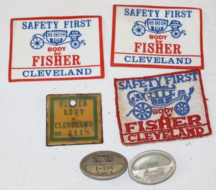 Group of 6 Fisher Body Employee Badges and Patches: largest 3.75" x 3"