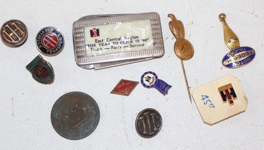 Group of 11 AT, Federal, IH, and Case Advertising Lapel Pins, Stick Pins, and Knife: largest 2" x 1.25"