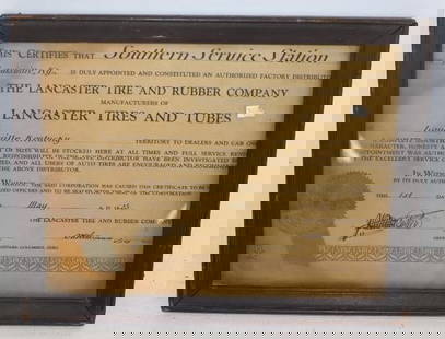 1925 Lancaster Tire and Rubber Company Service Station Certificate: 12" x 9"