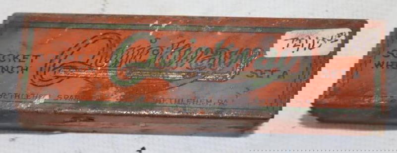 Quickway Bethlehem Spark Plug Sockets in Original Tin Litho Box: 4.5" x 1" x 1", missing wrench