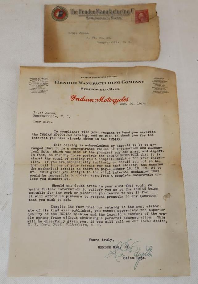 Group of 2 1914 Indian Motorcycles Letter and Advertising Envelope: largest 8.5" x 11"