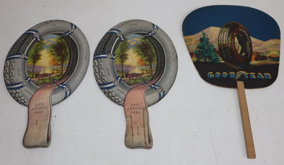 Group of 3 Goodyear and United States Tires Advertising Hand Fans: largest 8.5" x 14"