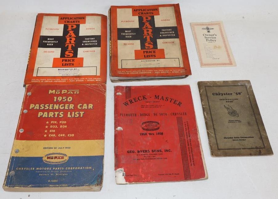 Group of 6 1940's and 1950's Mopar Parts Manuals and 1926 Chrysler (58) Instruction Book (1 of 5)