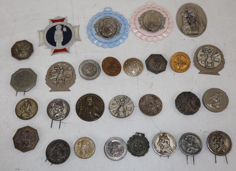 Group of 28 Saint Christopher Pins and Badges: Largest 3.25" x 3.5"