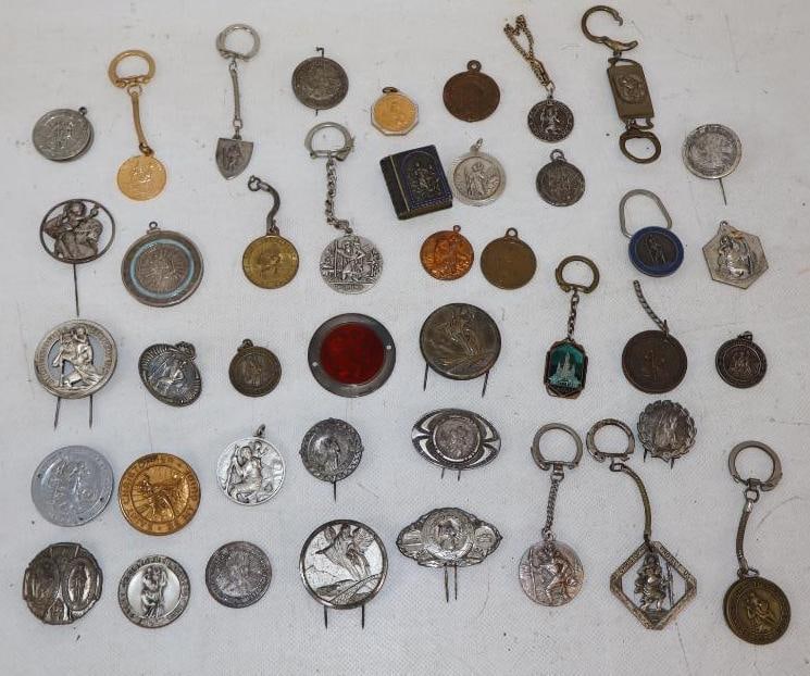 Group of 40 Saint Christopher Keychains, Pins, and Medallions: largest 1.5" x 1.5"