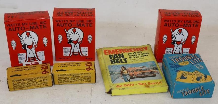 Group of 7 Trouble Light, Emergency Fan Belt, and VX-6 in Original Boxes: largest 9.5" x 6.5"