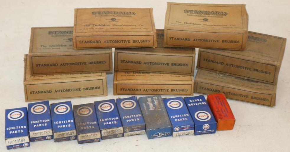 Group of 18 Standard and Allcar Automotive Brushes and Ignition Parts in Original Boxes: largest 5.5" x 3.5" x 1"