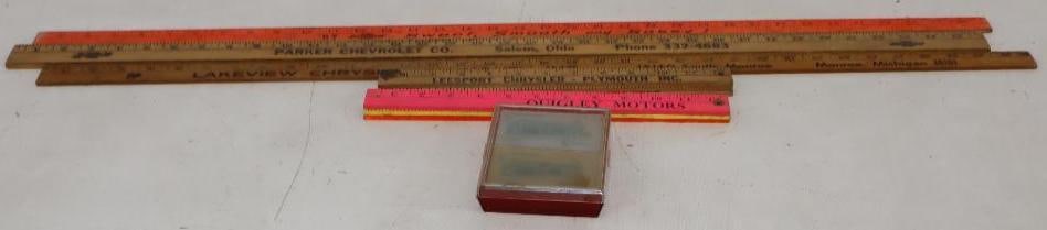 Group of 6 Chevrolet, Chrysler, Plymouth, Dodge, and DeSoto Yardsticks and Playing Cards: largest 36"