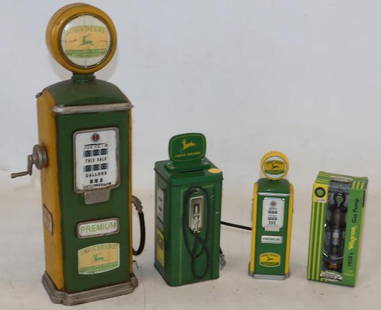 Group of 4 John Deere Gas Pump Models: largest 18" x 4" x 4.5"