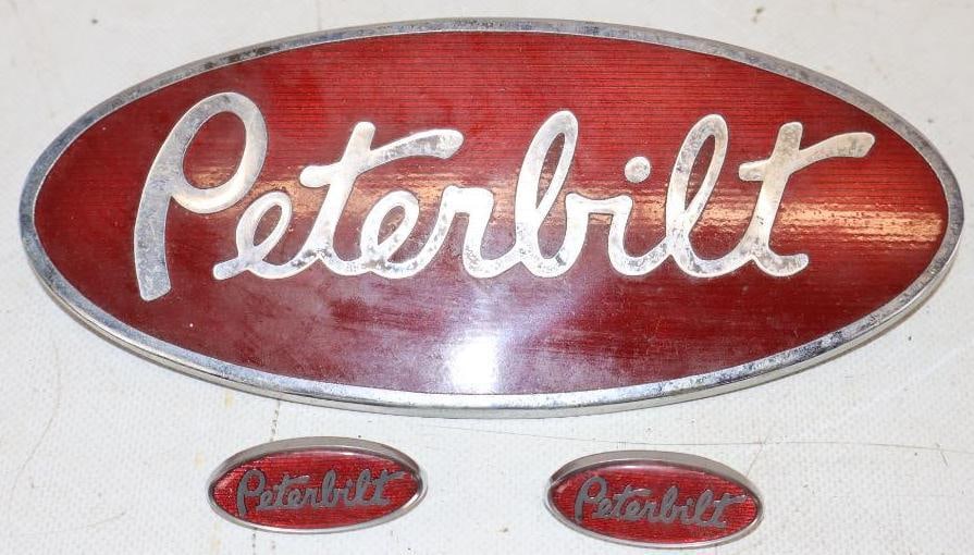 Group of 3 Cloisonne Peterbilt Truck Emblems: largest 8" x 3.25"