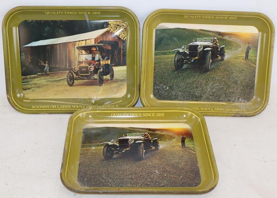 Group of 3 General Tire Early Automobile Car Advertising Trays: 13" x 10.5" x 1" each