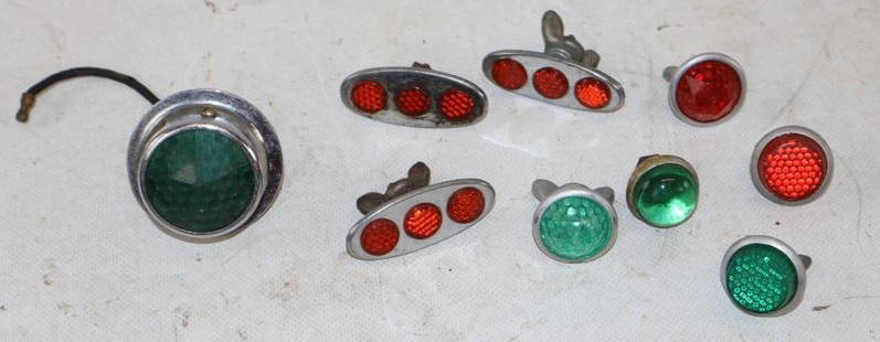 Group of 9 License Plate Reflectors and Jeweled Light: largest 1.75" x 1.75" x
