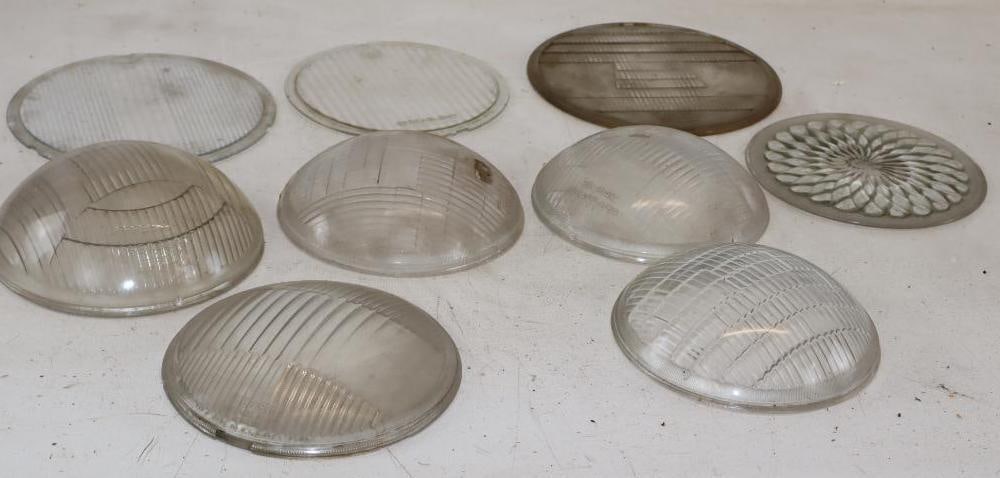 Group of 9 Early Automobile Curved and Flat Headlight Lenses: largest 9" x 9"
