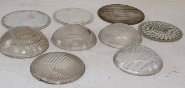 Group of 9 Early Automobile Curved and Flat Headlight Lenses: largest 9" x 9"