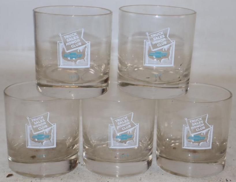 Group of 5 1968 Chevrolet Truck Sales Honor Club Whiskey Glasses: 3" x 3" x 3.25" each