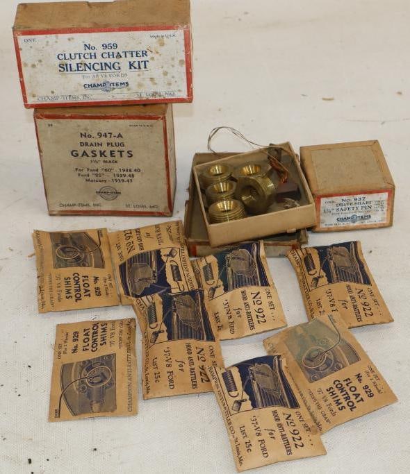 Group of 12 1930's Ford Shims, Gaskets, and Silencing Kits in Original Boxes: largest 4.75" x 2.5" x 1.5"