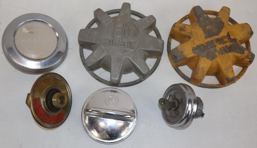 Group of 6 Different Gas and Diesel Caps: largest 5.5" x 5.5"