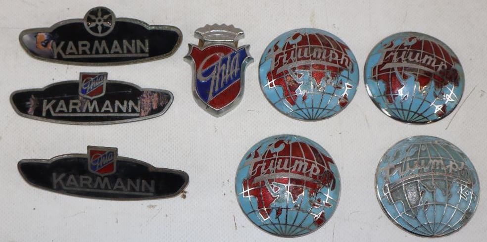 Group of 8 Karmann Ghia and Triumph Cloisonne Emblems: largest 2.25" x 2.25"