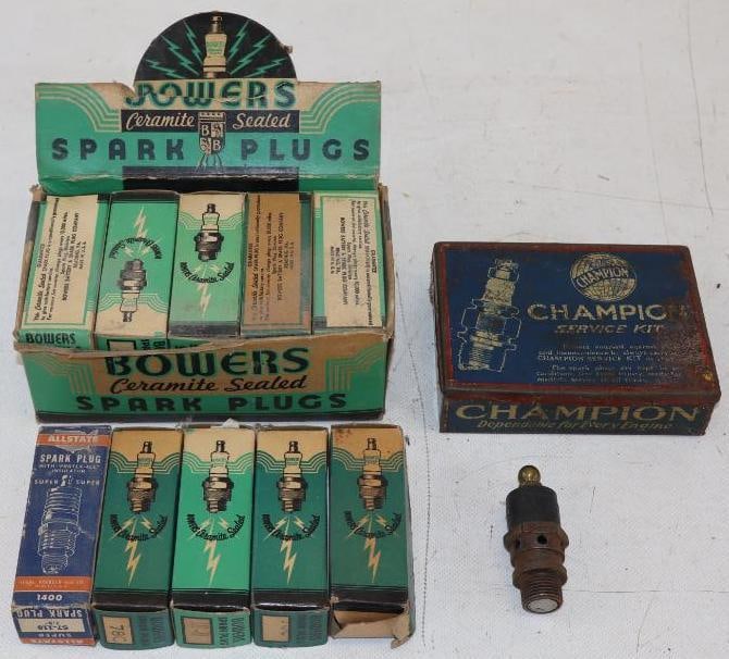 Group of 8 Champion, Bowers, and Allstate Spark Plugs in Original Boxes and Advertising Tin (1 of 5)