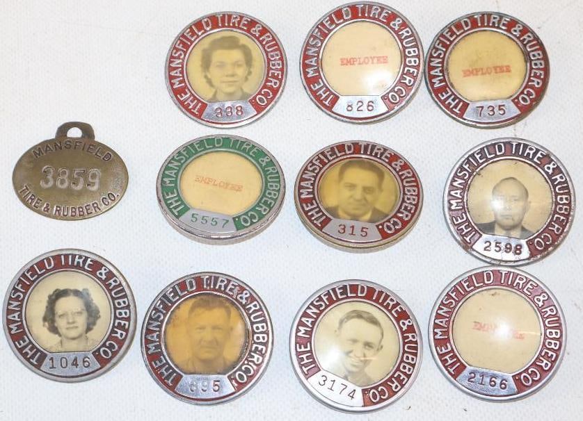 Group of 11 Mansfield Tire and Rubber Company Employee Pin Back Badges: largest 1.75" x 1.75"