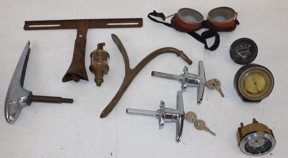 Group of 10 Automobile Gauges, Handles, Oiler, and Brackets: largest 11" x 7"