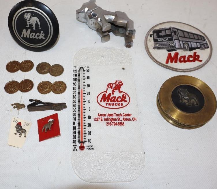 Group of 13 Mack Truck Pins, Tie Tack, Emblems, Hood Ornament, and Thermometer (1 of 7)