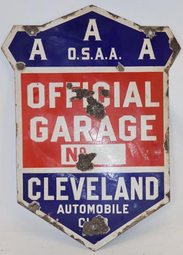 Double-Sided Porcelain AAA Official Garage Shield Shaped Cleveland Auto Club Advertising Sign (1 of 8)