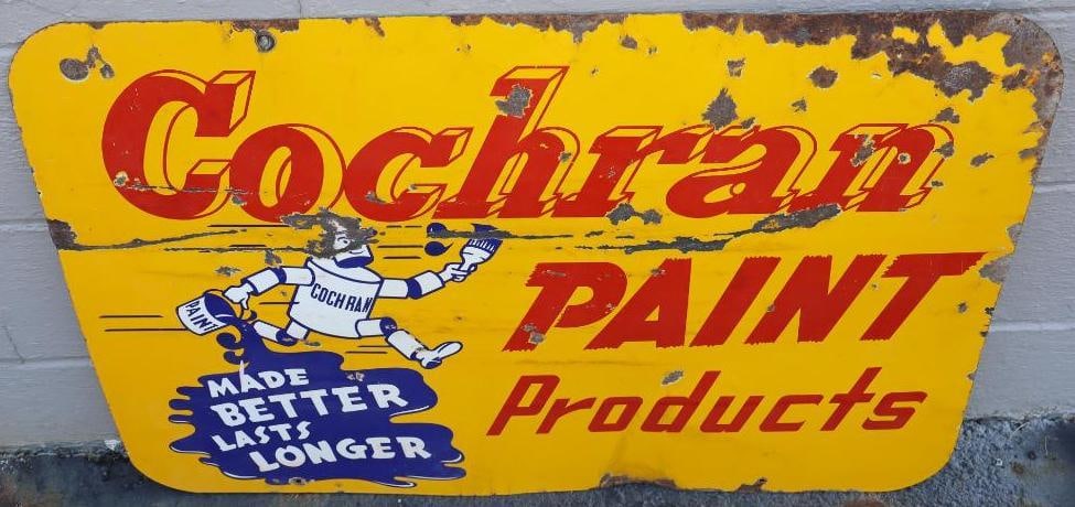 Cochran Paint Products Double Sided Porcelain Advertising Sign: has chipping and bends throughout. 36" x 24"