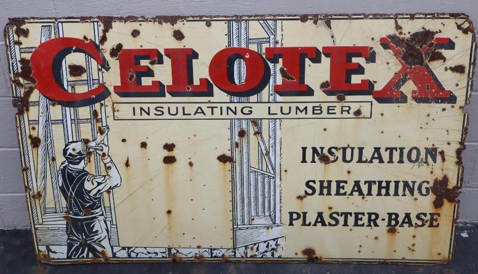 Celotex Insulating Lumber Single Sided Porcelain Advertising Sign: Sign has extra holes, rust and chipping throughout. 35.5" x 59.5"