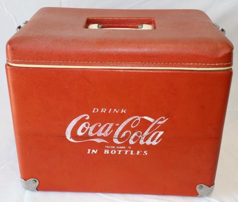 Drink Coca Cola in Bottles Vinyl Advertising Cooler: cooler lining has some cracking on top lid, and exterior is slightly faded. 17" x 12" x 14"