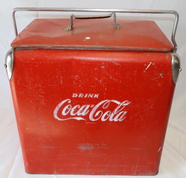 Drink Coca Cola Action Mfg Co Inc Arkansas City KS Advertising Cooler: has some denting and paint splatter. 17" x 12" x 19"