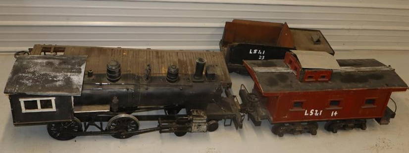 Oversized Antique Model Train w/ 20ft of Track: locomotive is 54", coaltender is 34", flatbed car is 55", caboose is 44", wheels on caboose are not connected, locomotive and caboose roofs are not attached
