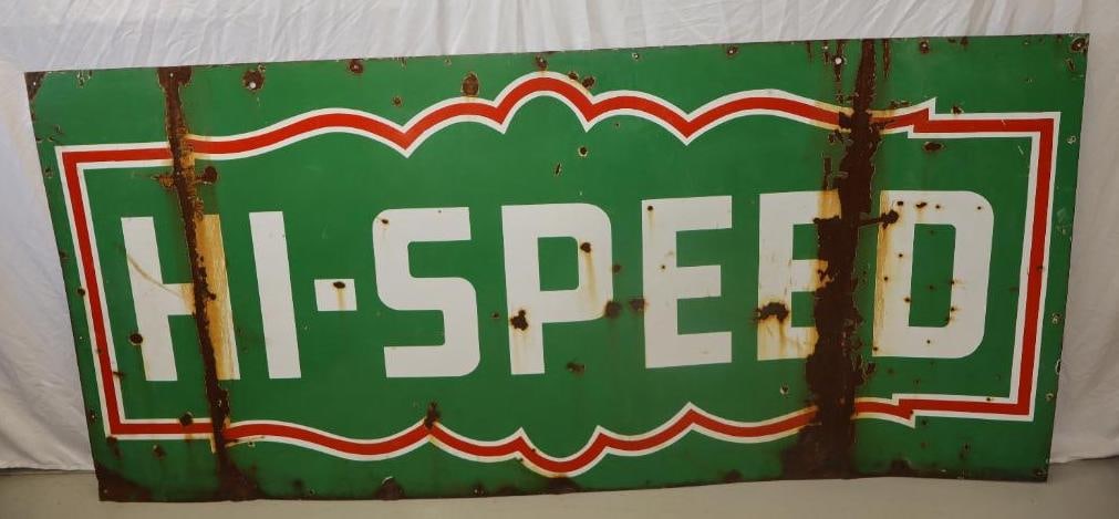 Hi-Speed Gasoline Double Sided Porcelain Advertising Sign: 90" x 42", sign has been wiped down but not cleaned
