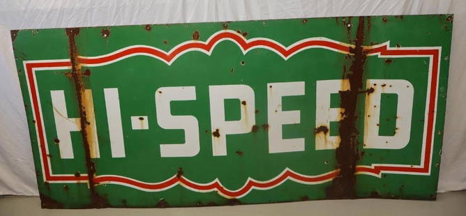 Hi-Speed Gasoline Double Sided Porcelain Advertising Sign: 90" x 42", sign has been wiped down but not cleaned