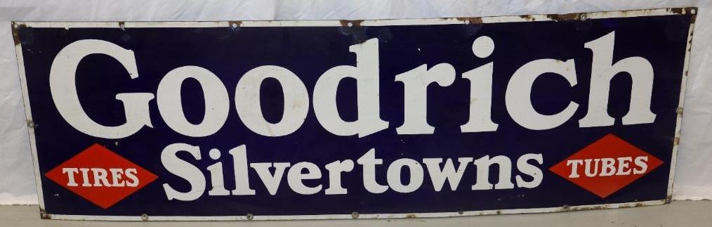 Goodrich Silvertowns Tires Tubes Single Sided Porcelain Advertising Sign: 58" x 18"