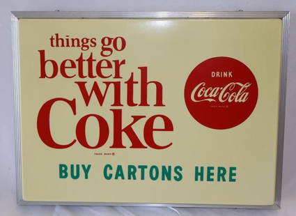 Things Go Better With Coke Drink Coca Cola Buy Cartons Here Plastic Light Up Advertising Sign: lightbulbs have been replaced with LEDs. Sign shows a crack above the word Go, as seen in pictures. 19.5" x 14" x 4"
