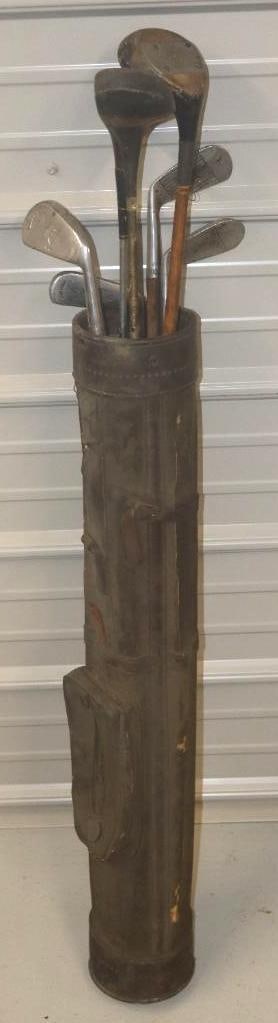 Group of 7 Early Wooden Handle Golf Clubs In Leather Bag (1 of 5)
